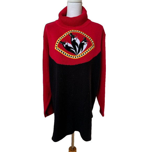Bob Mackie Wearable Art Penguin Turtle Neck Sweater Tunic Womens Sz 2X Red Black - Picture 1 of 11